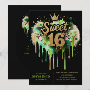 Invitación Sweet 16 Leopard Print Green Gold