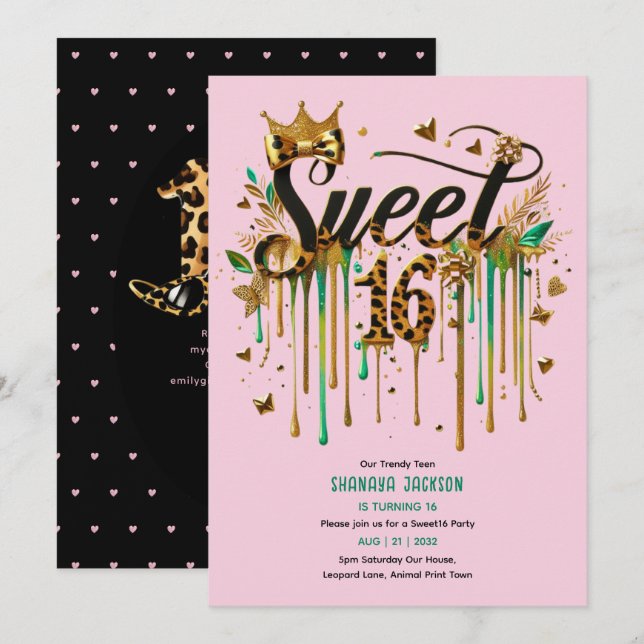 Invitación Sweet 16 Leopard Print Green Pink Gold (Anverso / Reverso)