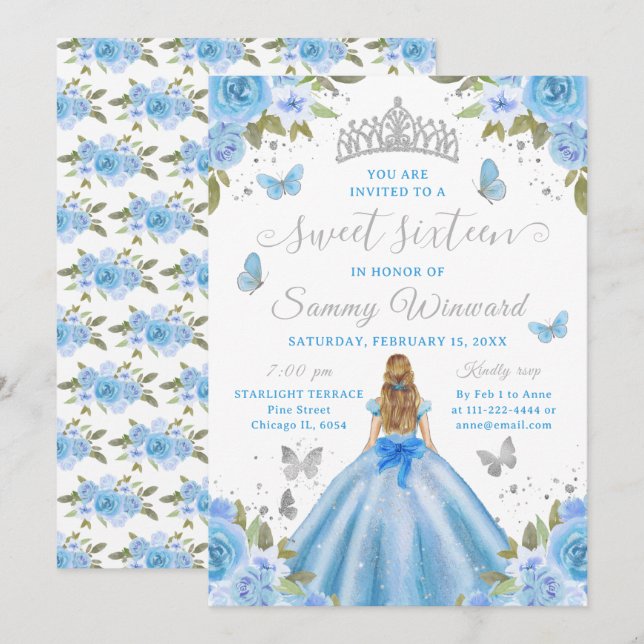 Invitación Sweet 16 Light Blue Princess Blonde Girl (Anverso / Reverso)