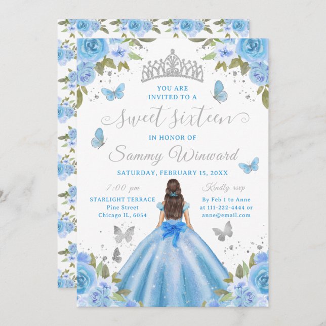 Invitación Sweet 16 Light Blue Princess Brunette Girl (Anverso / Reverso)