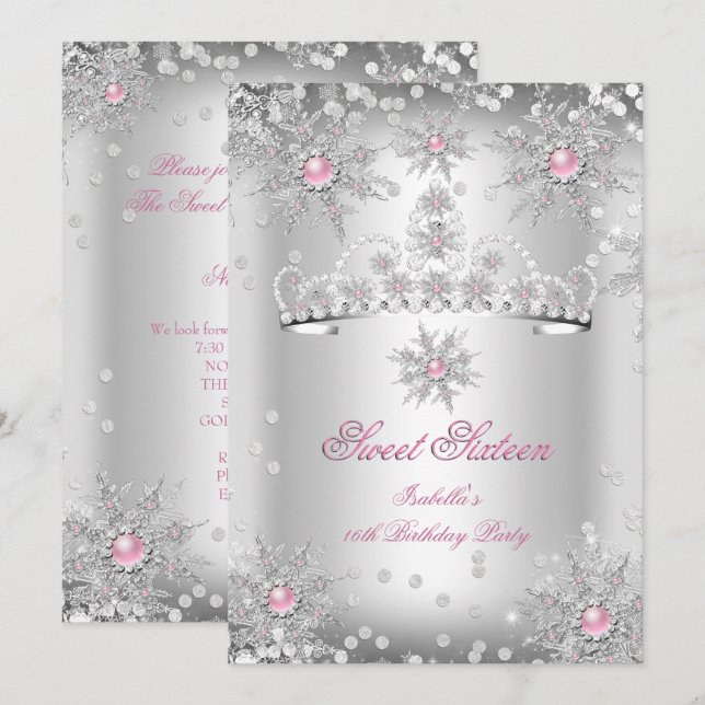 Invitación Sweet 16 Light Pink Silver Winter Wonderland (Anverso / Reverso)