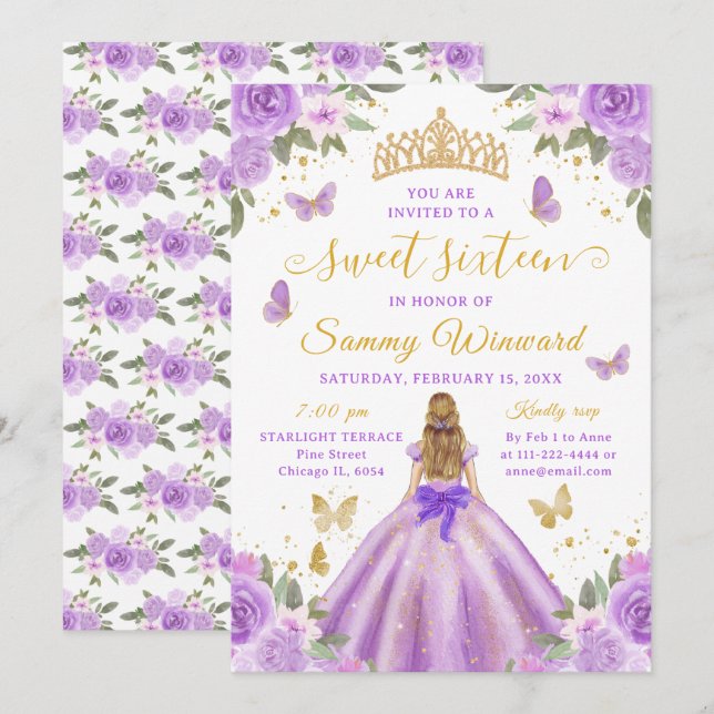 Invitación Sweet 16 Light Purple Princess Blonde Girl (Anverso / Reverso)