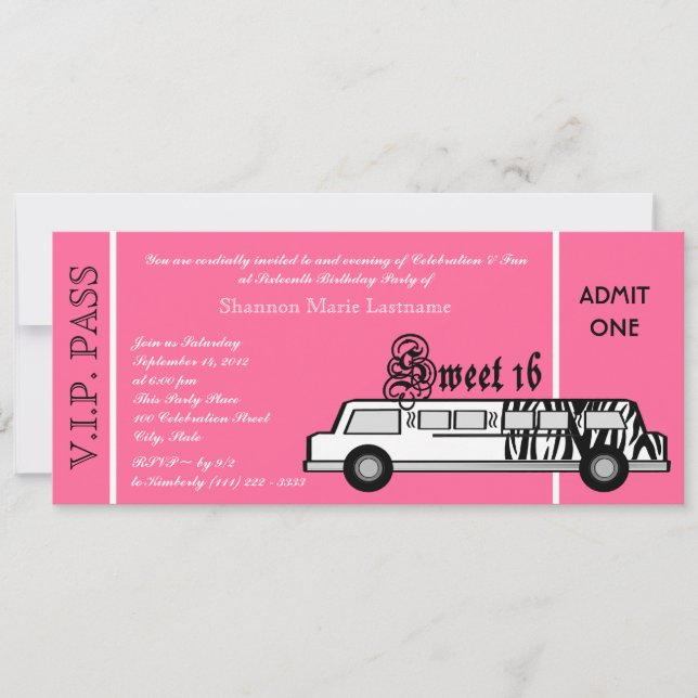 Invitación Sweet 16 Limo Fiesta Pass (Anverso)