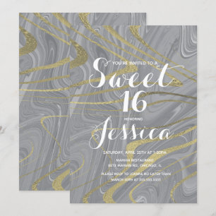Invitación Sweet 16   Mármol Quince Gris Líquido Falso Oro