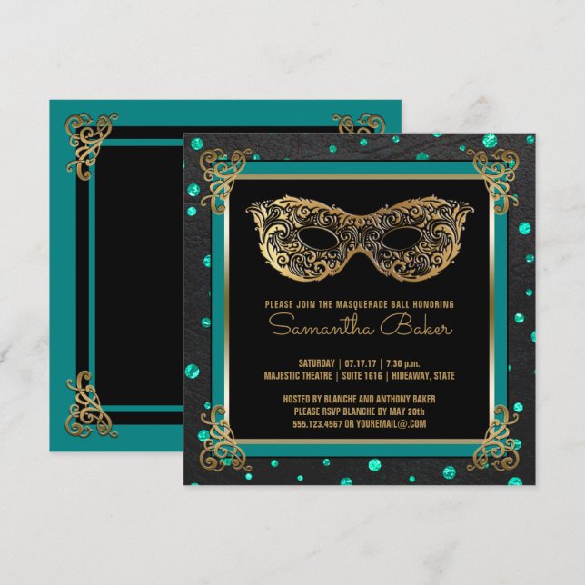 Invitación Sweet 16 Masquerade Ball Sweet Dieciséis Gold Verd (Anverso / Reverso)
