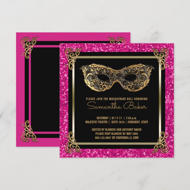 Invitación Sweet 16 Masquerade Ball Sweet Dieciséis Oro Rosa (Anverso / Reverso)