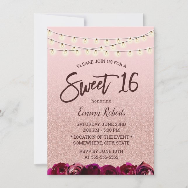 Invitación Sweet 16 Modern Rosa Gold Floral String Lights (Anverso)