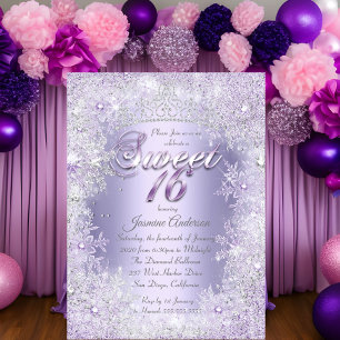Invitación Sweet 16 Morple Silver Winter Wonderland Tiara
