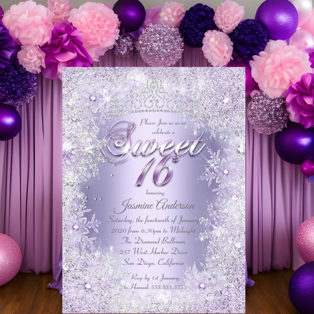 Invitación Sweet 16 Morple Silver Winter Wonderland Tiara (Subido por el creador)