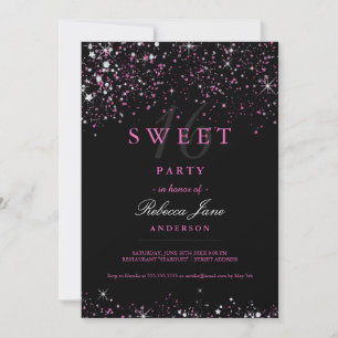 Invitación Sweet 16 Negro Rosa Brillo Purpurina