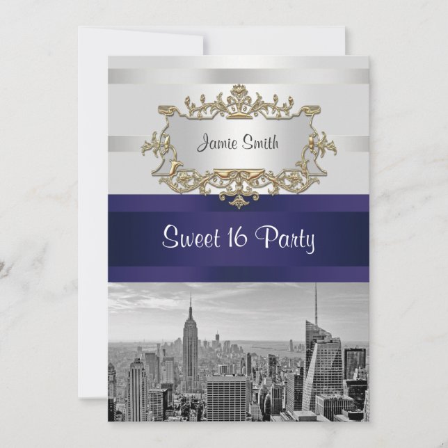 Invitación Sweet 16 NYC Skyline BW 05 Blanco Marin (Anverso)