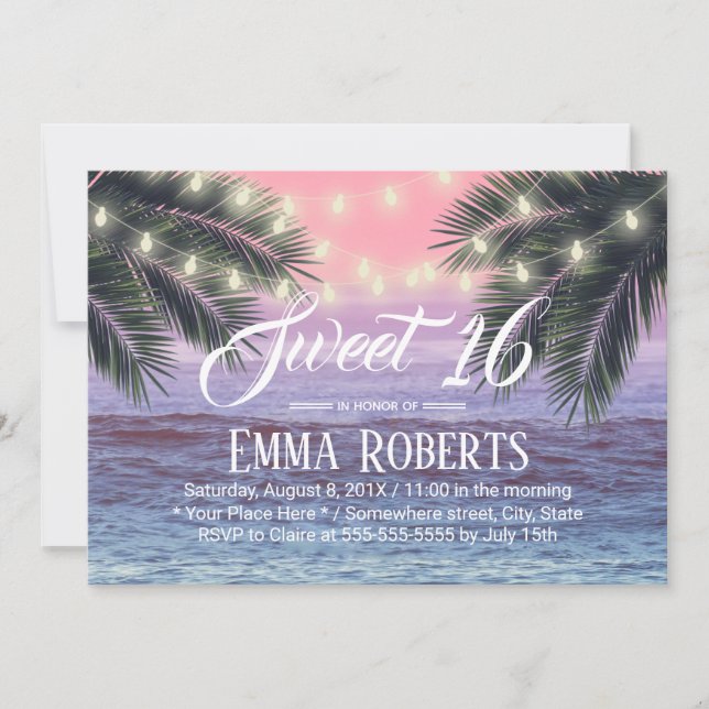 Invitación Sweet 16 Palm Tree Tropical Beach String Lights (Anverso)
