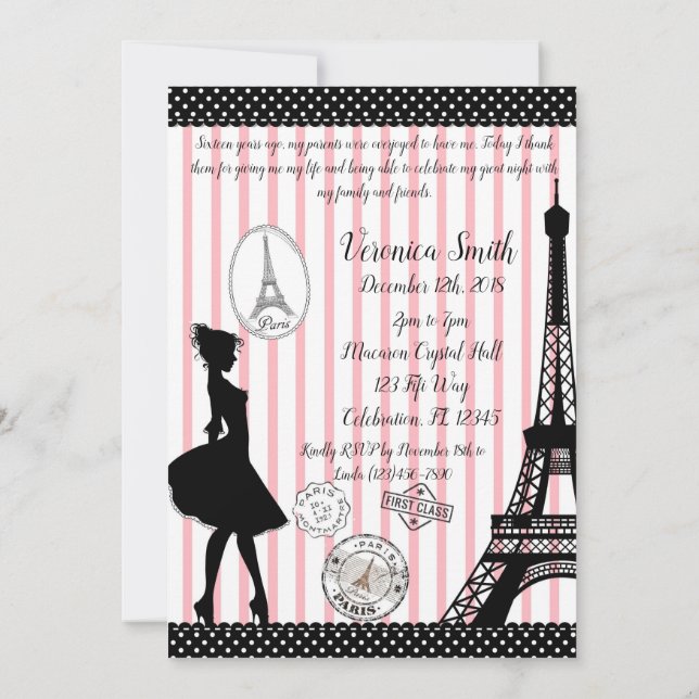 Invitación Sweet 16 Paris Passport Pink & Black (Reverso)