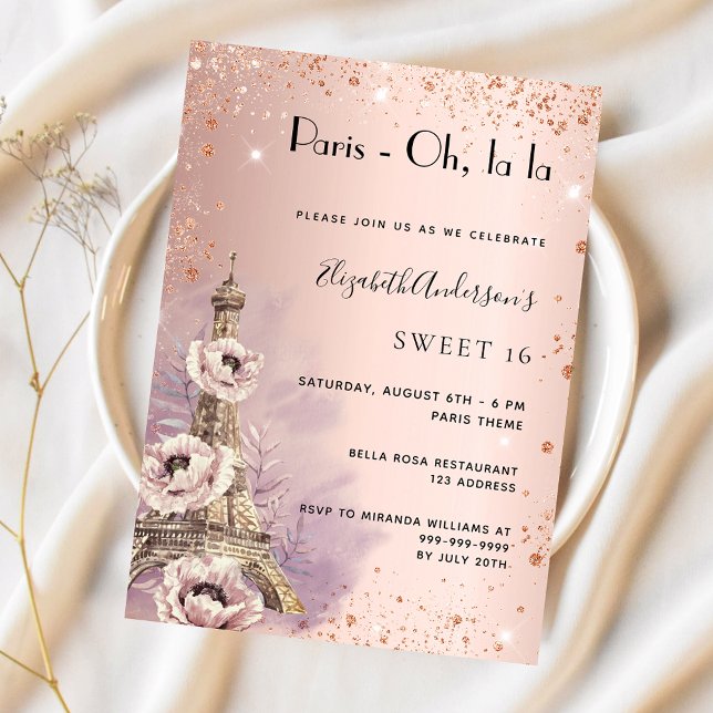Invitación Sweet 16 Paris rosa de oro Torre Eiffel (Subido por el creador)