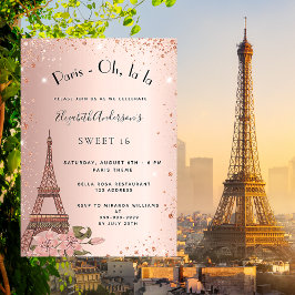 Invitación Sweet 16 Paris rosa de oro Torre Eiffel de lujo