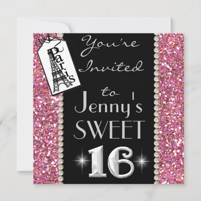 Invitación SWEET 16 Paris TEMA de fiesta con BLING! (Anverso)