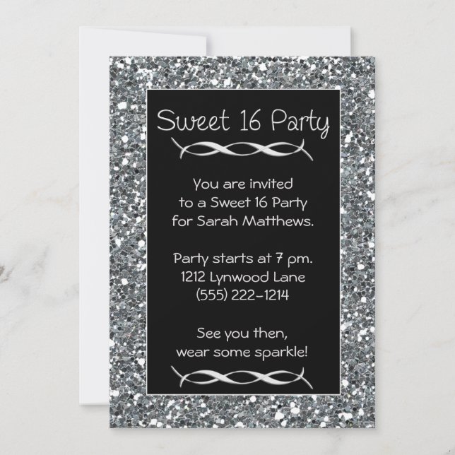 Invitación Sweet 16 Party Invitation Silver Sparkle Look (Anverso)