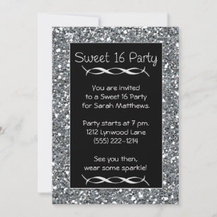 Invitación Sweet 16 Party Invitation Silver Sparkle Look