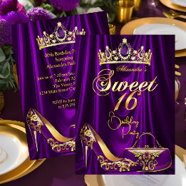 Invitación Sweet 16 Party Purple Tiara High heel Purse Gold