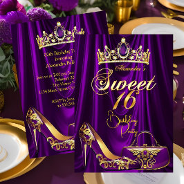 Invitación Sweet 16 Party Purple Tiara High heel Purse Gold
