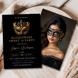 Invitación Sweet 16 Photo Birthday Black Gold Masquerade