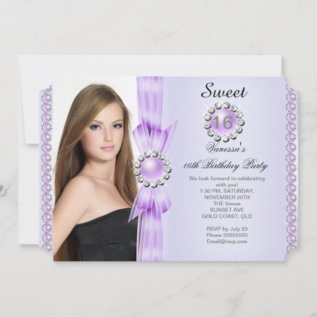 Invitación Sweet 16 Photo Birthday Party Soft Purple Gems (Anverso)