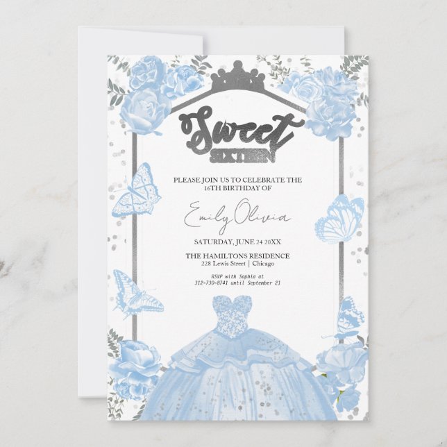 Invitación Sweet 16 Photo Invitation Dusty Blue Butterfly (Anverso)