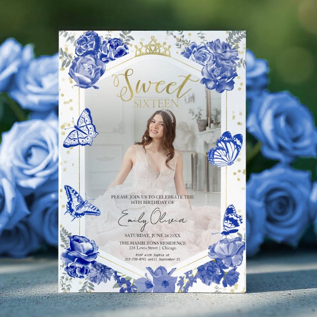 Invitación Sweet 16 Photo Invitation Royal Blue Butterfly (Subido por el creador)
