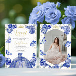 Invitación Sweet 16 Photo Invitation Royal Blue Butterfly<br><div class="desc">La "Mariposa azul de la invitación a la fotografía Sweet 16" es una invitación muy bien elaborada ideal para una celebración Sweet 16. Esta invitación muestra un fondo azul real adornado con elegantes acuarelas florales entrelazadas con mariposas plateadas, infundiendo el evento con un toque de elegancia y alegría. Diseñado por...</div>