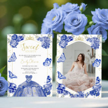 Sweet 16 Photo Invitation Royal Blue Butterfly