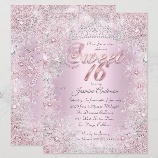 Invitación Sweet 16 Pink Silver Winter Wonderland Tiara (Anverso / Reverso)