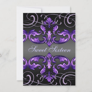 Invitación Sweet 16 Purple Damask & Tiara Birthday Invite