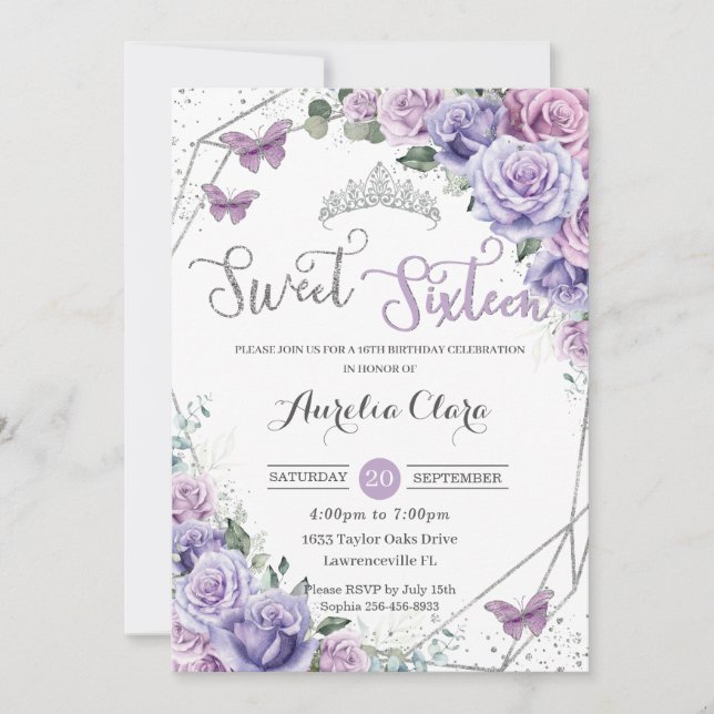 Invitación Sweet 16 Purple Floral 16th Birthday Butterflies (Anverso)