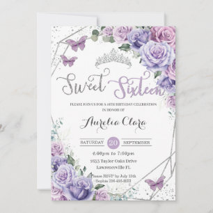 Invitación Sweet 16 Purple Floral 16th Birthday Butterflies