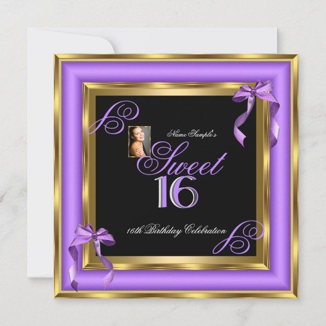 Invitación Sweet 16 Purple Gold Photo 16th Birthday Party (Anverso)
