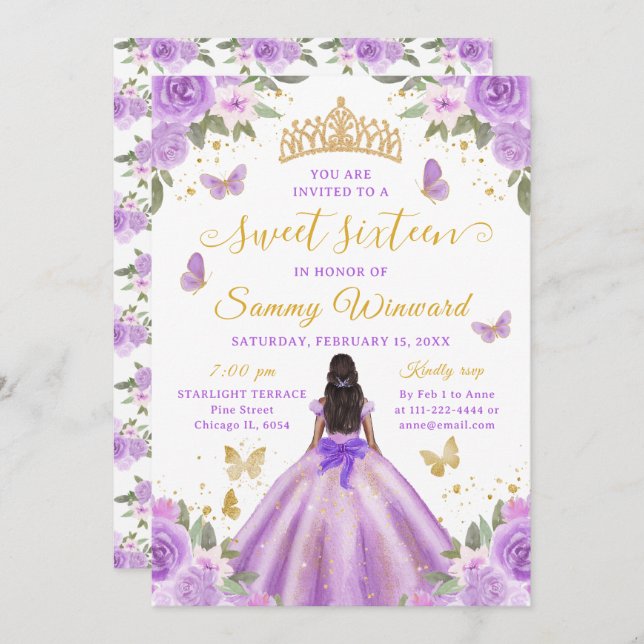 Invitación Sweet 16 Purple Princess African American Girl (Anverso / Reverso)