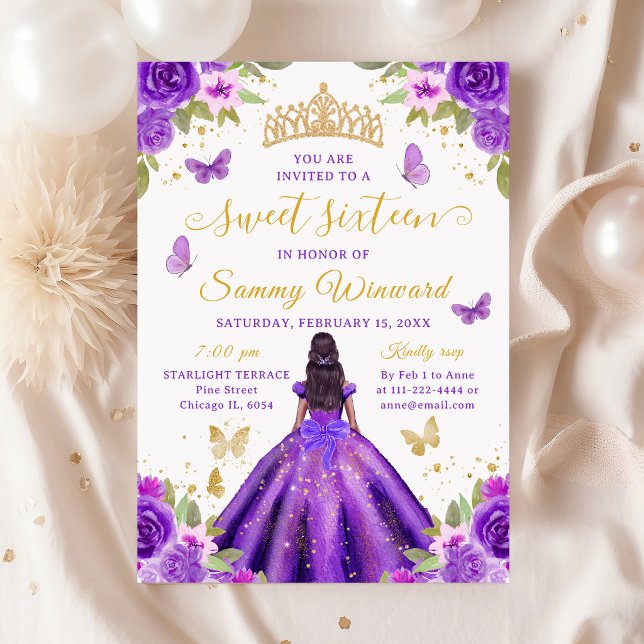 Invitación Sweet 16 Purple Princess African American Girl (Subido por el creador)