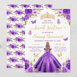 Invitación Sweet 16 Purple Princess Blonde Girl