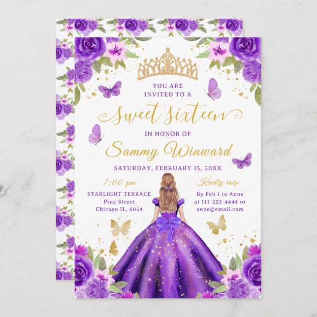 Invitación Sweet 16 Purple Princess Blonde Girl (Anverso / Reverso)