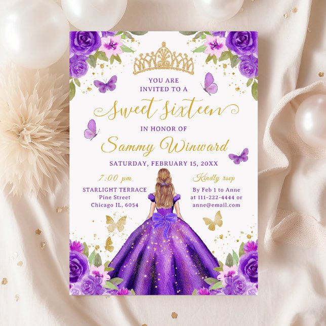 Invitación Sweet 16 Purple Princess Blonde Girl (Subido por el creador)
