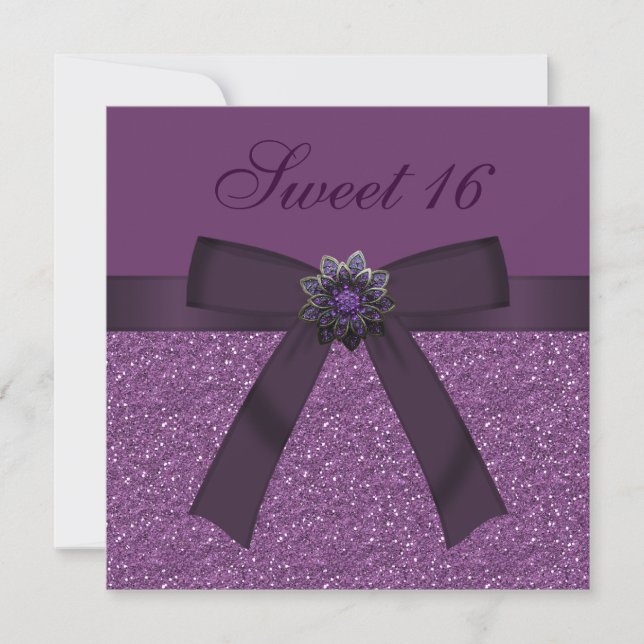 Invitación Sweet 16 Purple Purpurina & Flower Jewel Invita (Anverso)