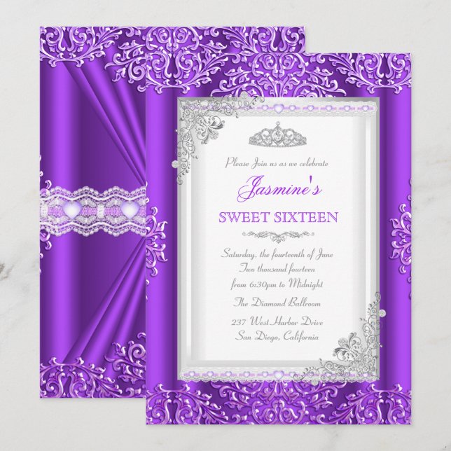 Invitación Sweet 16 Purple Silver Lace Damask Tiara (Anverso / Reverso)