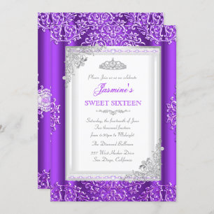 Invitación Sweet 16 Purple Silver Lace Damask Tiara