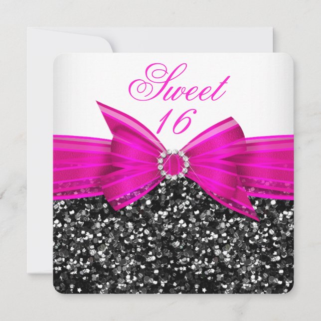 Invitación Sweet 16 Purpurina de lujo Hot Pink Bow Blanco neg (Anverso)