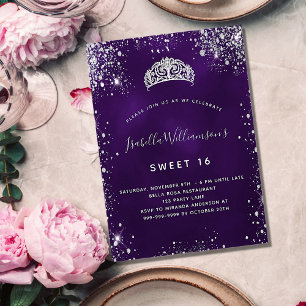 Invitación Sweet 16 purpurina de plata morada tiara crown