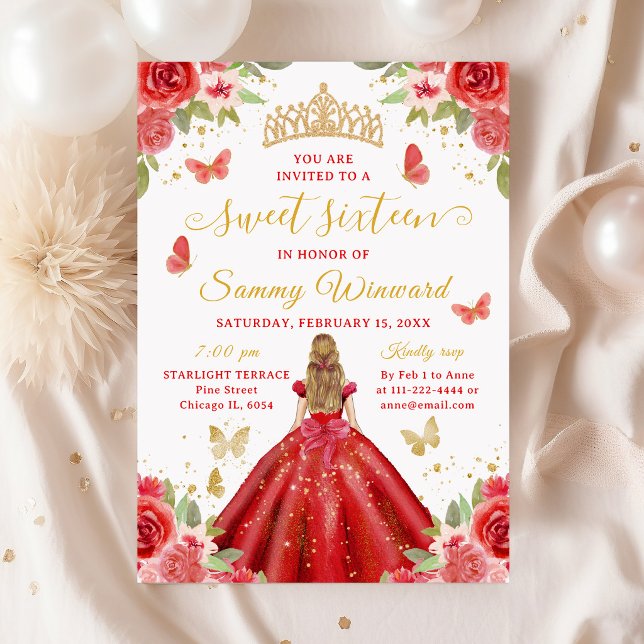 Invitación Sweet 16 Red Princess Blonde Girl (Subido por el creador)