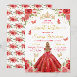 Invitación Sweet 16 Red Princess Blonde Girl