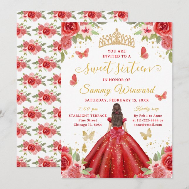 Invitación Sweet 16 Red Princess Brunette Girl (Anverso / Reverso)