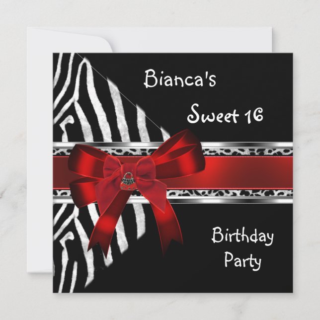 Invitación Sweet 16 Red Silver Black Zebra Leopard Birthday (Anverso)