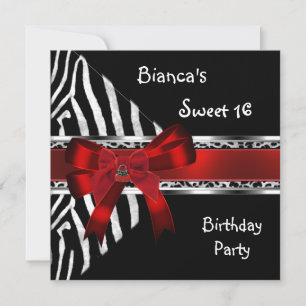 Invitación Sweet 16 Red Silver Black Zebra Leopard Birthday